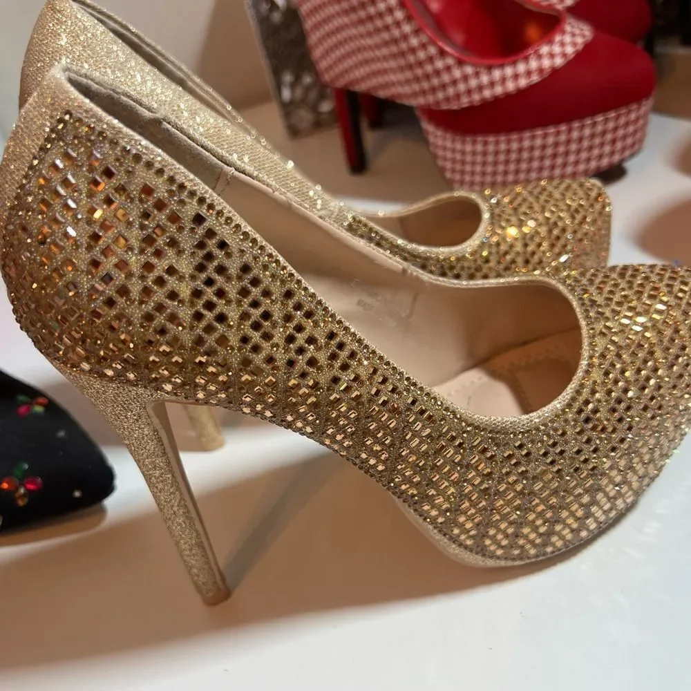 🛍️ Gold rhinestone glitter platform slip on stiletto high heel pumps size 7.5